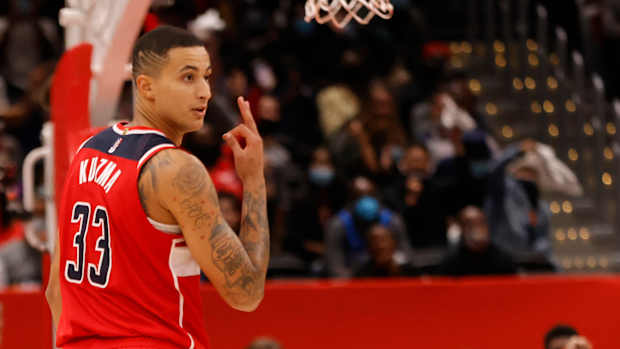 Wizards forward Kyle Kuzma celebrates a made shot.